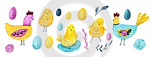Set of watercolor Easter decorative elements. Chickens, flower, eggs and plants for holiday design