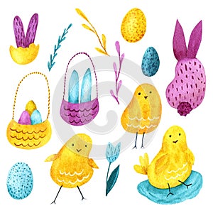 Set of watercolor Easter decorative elements. Chickens, rabbits, flower, eggs and plants for holiday design