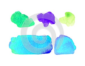 Set of watercolor elements in bright colors. Vector textured illustration. Abstract aquarelle stains isolated on white background