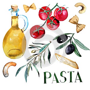 Set of watercolor elements isolated on white background: tomato, pasta, olives, olive oil