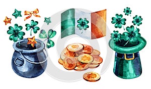 Set of watercolor elements for St. Patrick's Day isolated on white background. Traditional holiday attributes