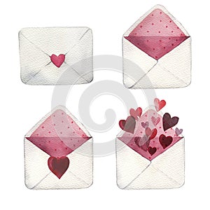 Set of watercolor envelopes isolated on white background. Perfect for valentine's day, greeting cards and