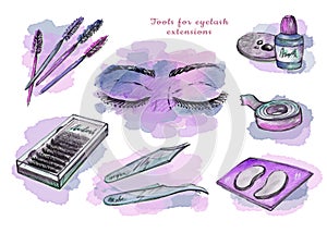 Set watercolor Eyelash extension tool element in doodle style on a white background. Fake lashes in box, brush, glue