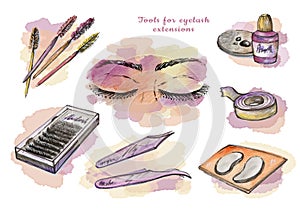 Set watercolor Eyelash extension tool element in doodle style on a white background. Fake lashes in box, brush, glue