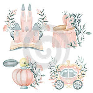 Set of watercolor fairy tale elements of princess story pink castle, book, carriage, cradle