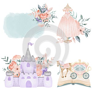 Set of watercolor fairy tale elements of princess story purple castle, princess dress, carriage