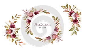 Set of watercolor floral arrangements of brown and burgundy roses and leaves. Botanic decoration illustration for wedding card,