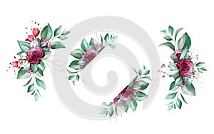 Set of watercolor floral arrangements of brown and burgundy roses and leaves. Botanic decoration illustration for wedding card,