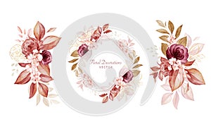 Set of watercolor floral arrangements of brown and burgundy roses and leaves. Botanic decoration illustration for wedding card,