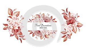 Set of watercolor floral arrangements of brown and peach roses and leaves. Botanic decoration illustration for wedding card,