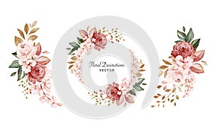 Set of watercolor floral arrangements of brown and peach roses and leaves. Botanic decoration illustration for wedding card,