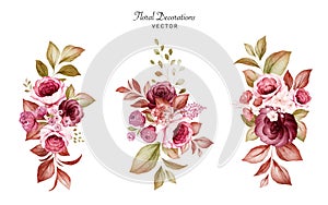 Set of watercolor floral arrangements of burgundy and peach roses and leaves. Botanic decoration illustration for wedding card,