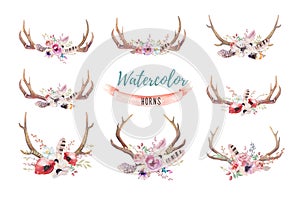 Set of watercolor floral boho antler print. western bohemian de