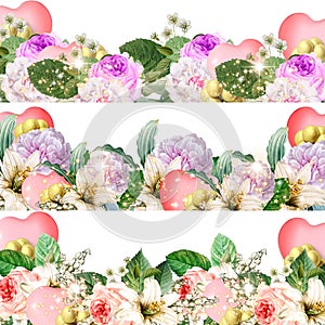 Set of watercolor floral borders with hearts  valentine`s day design