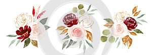 Set of Watercolor floral bouquets isolated on white background. Roses, peonies and leaves.