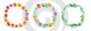 A set of watercolor floral circular text frames on a white background