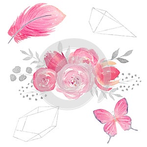 Set of watercolor floral composition with flowers, leaves, butterfly, feather and polygonal frames.