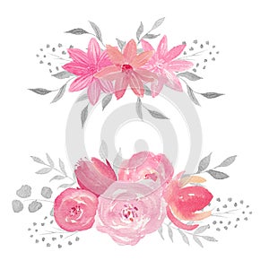 Set of watercolor floral composition with rose, leaves, flowers and branches.