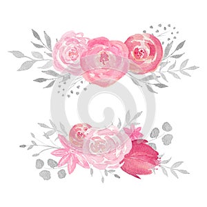 Set of watercolor floral composition with rose, leaves, flowers and branches.
