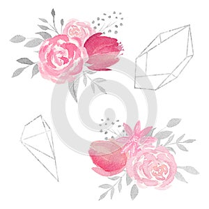 Set of watercolor floral composition with roses, flowers, leaves, and polygonal frames.