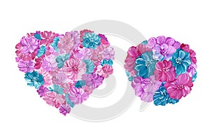 Set of watercolor floral elements - heart and balloon filled with lilac, turquoise and burgundy flowers. Isolated over white