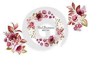 Set of watercolor floral frame and bouquets of burgundy and peach roses and leaves. Botanic decoration illustration for wedding