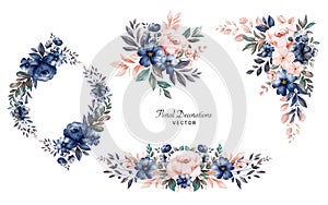 Set of watercolor floral frame bouquets of navy and peach roses and leaves. Botanic decoration illustration for wedding card,