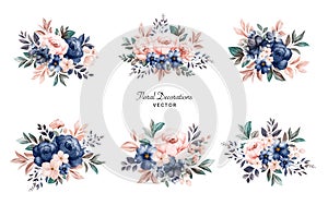Set of watercolor floral frame bouquets of navy and peach roses and leaves. Botanic decoration illustration for wedding card,