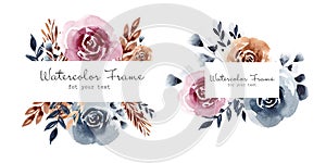 Set of watercolor floral frame with roses, leaves, branches, herbs isolated on a white background.