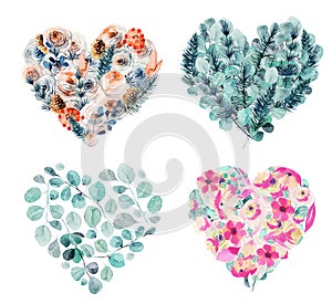 Set of watercolor floral hearts of vintage flowers, roses, eucalyptus branches, fir branches and bright pink flowers