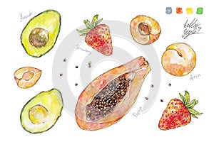 Set of watercolor fruits and berries isolated on white background. Handwork summer draw. Hello my style