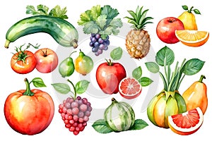 Set of watercolor fruits isolated on transparent background