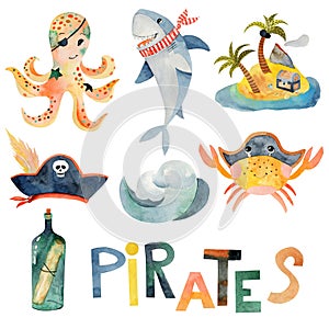Set of watercolor funny animals pirates (shark, octopus, crab)