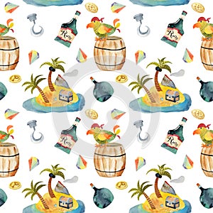 Set of watercolor funny pirate parrot and treasure island