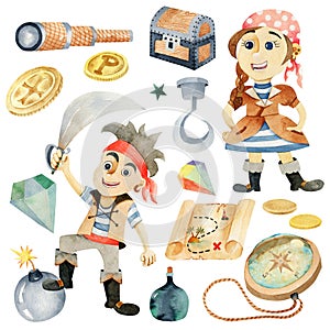 Set of watercolor funny pirates, pirate map, compass, coins, chest