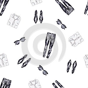 Set of watercolor garments isolated on white background. Handwork fashion draw. Seamless pattern for design