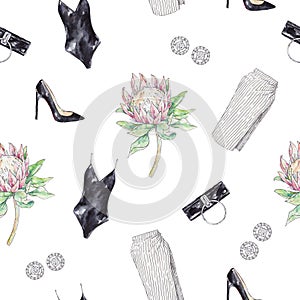 Set of watercolor garments and a protea flower isolated on white background. Handwork fashion draw. Seamless pattern for design