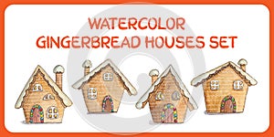 set of watercolor gingerbread houses