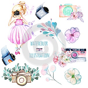 Set of watercolor Girl-photographer, retro cameras and floral elements