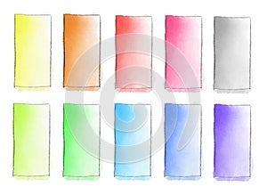 Set of 10 Watercolor gradient fill from color to white for background. Texture of watercolor paper. A vertical rectangle bounded photo