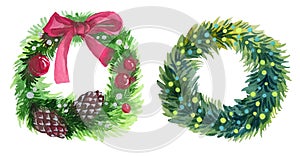 Set watercolor green and red Christmas wreath isolated on white background. Happy winter holiday. Art creative hand