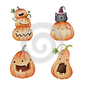 Set of watercolor Halloween pumpkins set 2. Vector illustration