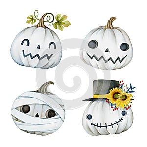 Set of watercolor Halloween pumpkins set 3. Vector illustration