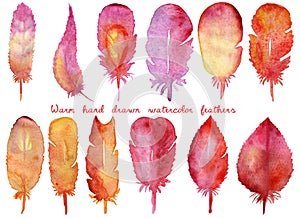 Set of watercolor hand drawn feathers