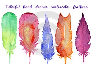 Set of watercolor hand drawn feathers