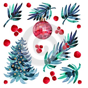 Set watercolor hand-drawn red shiny decoration ball and christmas tree branch isolated on white background. Creative toy