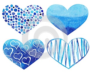 Set of Watercolor hand painted blue hearts. Symbol of love.