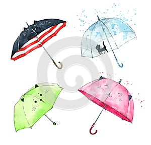 Set of watercolor hand painted cute umbrellas with kitten faces