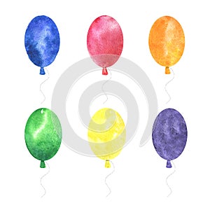 Set of watercolor hand painted multicolor balloons isolated on a white background.