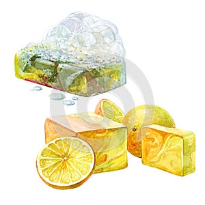 Set of watercolor handmade bath soap with fruits and herbal isolated